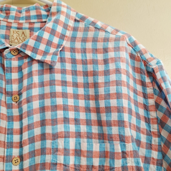 Jos A Bank Linen Men's Blue Plaid Short Sleeve Shirt Size XL - Picture 9 of 9